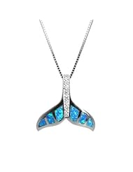 CZ Accented Sterling Silver Whale Tail Necklace Pendant with Blue Opal and Box Chain