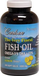 Carlson Labs Very Finest Fish Oil, Lemon, 1000mg, 240 Softgels