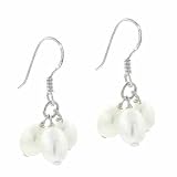 Sterling Silver 7-8mm Oval White Genuine Freshwater Pearl Cultured Fish Hook Three Cluster Earrings
