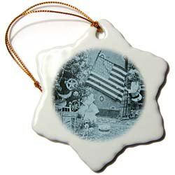 Girl and American Flag Vintage Christmas Cyan tone – 3 Inch Snowflake Porcelain Ornament