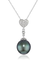 10k White Gold, Tahitian Cultured Pearl and Diamond Heart Pendant Necklace (0.1 cttw, GH Color, I2-I3 Clarity), 17"