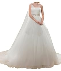 Crystal Crystals Natural   Waistline  Tulle One Shoulder  Ball Gown Wedding Dress  with a Watteau Train 