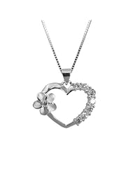 CZ Accented Sterling Silver Heart and Plumeria Flower Necklace Pendant with Box Chain