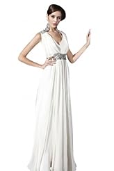 A-line V-neck Sleeveless Chiffon Cocktail Floor Length Belted Beaded Evening Dress/Homecoming Dress/Pageant Dress/Prom Dress/Party Dress/Wedding Dress 