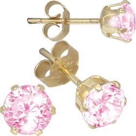 Jewelco London 9ct Yellow gold studs claw-set with 3mm Solitaire pink cubic zirconia stone