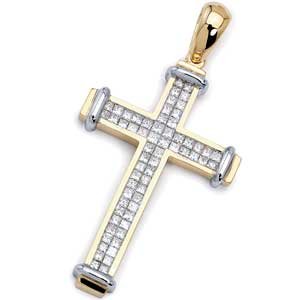 Two Tone Bursting Diamond Cross Pendant
