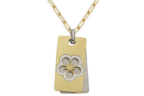 14K White and Yellow Gold Matte-Finish Two-Plate Flower Pendant, Enhanced with Pave Set Diamonds, Sliding on a 17 Yellow Gold Open-Link Necklace.