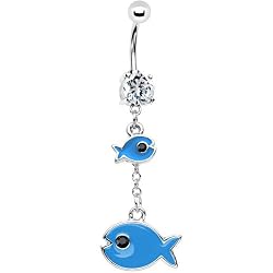 Cz Gem Blue Fish Chain Dangle Belly Ring