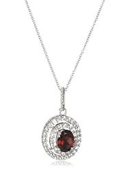 Sterling Silver Garnet with Created White Sapphire and Diamond oval Pendant Necklace, 18"