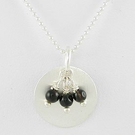 Round Brushed Satin Disc Pendant in Sterling Silver with Onyx Gemstone Beads on a 16" Sterling Bead Chain, #7874