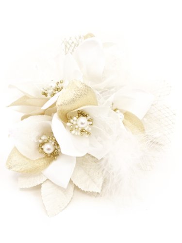 髪飾り 白 ホワイト ゴールド 百合 ユリ ファー レース パール [成人式/振袖/卒業式/袴/着物/和装]
