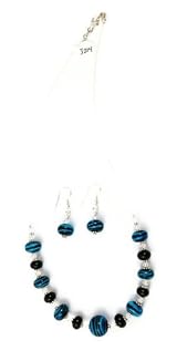 Sterling Silver, Lampwork Glass, and Crystal Necklace Earring Set Blue