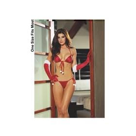 Seducing Santa,Top,Thong & Gloves W/Fur Pom Poms O/S Red