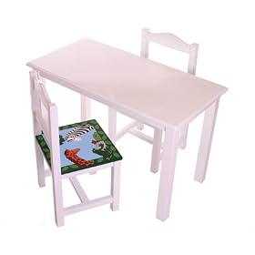 White Handmade Wooden Children's Table & 2 Chairs with seats handpainted with jungle animals