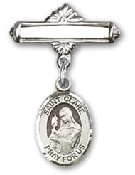 Sterling Silver Baby Badge with St. Clare of Assisi Charm and Polished Badge Pin