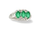 14K White Gold Genuine Oval Emerald 3-Stone Ring