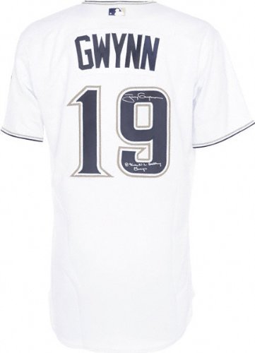 Tony Gwynn Autographed Jersey | Details: San Diego Padres, Majestic, White, Authentic, 8 Time NL Batting Champ Inscription