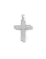 Stunning Double-Shadow Style Sterling Silver Cross Pendant Microset With Shiny Round Cubic Zirconia