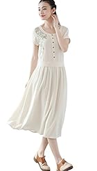 Short Sleeves Belted Pleated Cotton/Linen Maxi Dress 