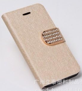 Flip Cover Wallet Case (for iPhone 6): Gold Silky Flip Cover Case with Glittering Rhinestone Magnetic Closure Button - Golden