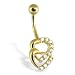 14K solid yellow gold navel ring with two jeweled hearts