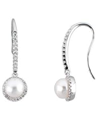 14K White Gold Freshwater Pearl Diamond Dangle Earrings