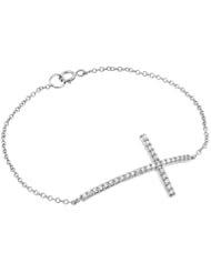 Rhodium Plated Sterling Silver High Polish Cubic Zirconia CZ Large Sideways Cross Fashion Designer Charm Bracelet - 7.5" inches