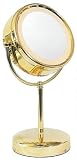 Fluorescent Lighted Pedestal 10X to 1X Make-Up Mirror in Brass