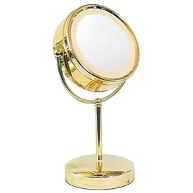 Fluorescent Lighted Pedestal 10X to 1X Make-Up Mirror in Brass by Mirror Place