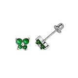 .925 Sterling Silver Rhodium Plated 5.2mm(H)x5.9mm(W) CZ Butterfly May Emerald Birthstone Basket Stud Earrings for Baby and Children & Women with Screw-Back (Emerald, Green)