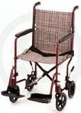 Transport Wheelchair - Plaid Burberry upholstery with Red Metalic frame. Lightweight (19 lb) frame made of durable aircraft quality aluminum with locking rear wheels and removable footrests for easy in and out access.