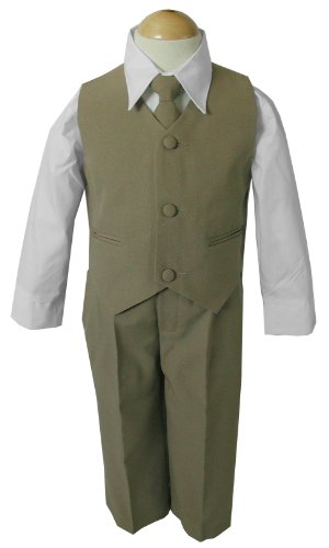Khaki Beige & White Baby Boy & Boys Complete Special Occasion Vest Set, Shirt, Tie, Vest, Pants