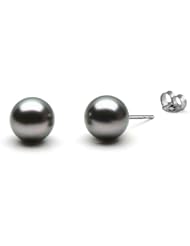 HinsonGayle AAA Handpicked Genuine French Polynesian 8.0-9.0mm Silver Black Tahitian Cultured Pearl Stud Earrings (Solid 14K White Gold)