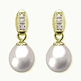 Natural White 7.5-8mm Dewdrop 14k Gold Diamond Cultured Pearl Drop Earrings (Yellow Gold) - by Dahlia Classic Jewelry Collection