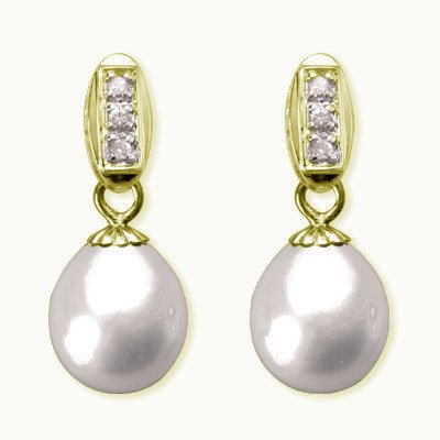 Natural White 7.5-8mm Dewdrop 14k Gold Diamond Cultured Pearl Drop Earrings (Yellow Gold) - by Dahlia Classic Jewelry Collection