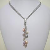 Multi-Color Cultured Pearl 4-Strand Silver Chain Lariat w. Bar Crystal Slider