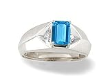 14K White Gold Genuine Emerald-cut Blue Topaz and Diamond Men's Ring