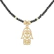 Hamsa Hand with Heart Pendant in Gold Vermeil with Black Spinel Gemstone Bead and and Gold Filled Oval Chain Choker Necklace, #7794