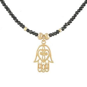 Hamsa Hand with Heart Pendant in Gold Vermeil with Black Spinel Gemstone Bead and and Gold Filled Oval Chain Choker Necklace, #7794