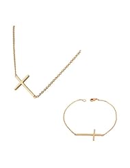Sterling Silver Rose Gold Womens Horizontal Religious Cross Chain Pendant Necklace Bracelet Set
