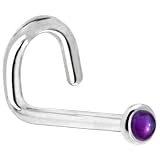 Solid 14KT White Gold 2mm Genuine Amethyst Left Nostril Screw - 18 Gauge