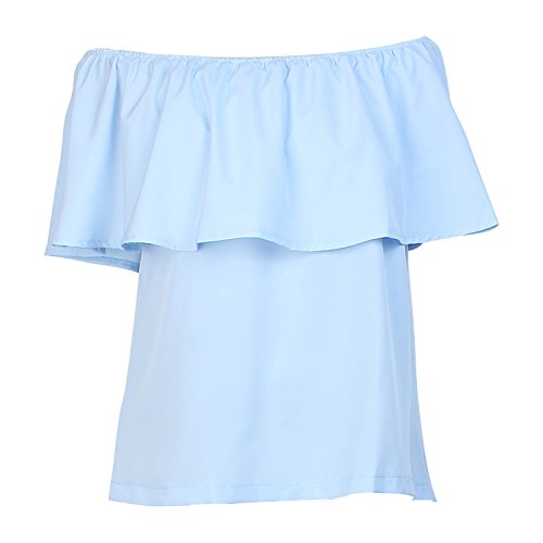 BLDO Women's Ruffles Off Shoulder Solid Chiffon Blouse Crop Top (L, Skyblue)