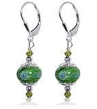 Captivating Green Milifalio Glass Bead Swarovski Crystal .925 Sterling Silver Leverback Drop Earrings