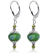 Captivating Green Milifalio Glass Bead Swarovski Crystal .925 Sterling Silver Leverback Drop Earrings