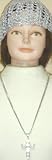 Genuine Silver Plated Long Chain Charm Necklace with Cross Pendant Offered in Combination with Hand Crocheted Silver Gimp Skull Cap for Women and Teens