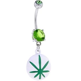 Crystal Gem White HEMP LEAF Dangle Belly Ring
