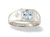 14K White Gold Genuine Oval Aquamarine and Diamond Men's Ring