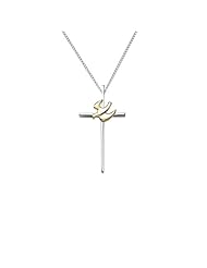 Sterling Silver "Two-Tone" Polished Stick Cross Pendant Necklace with Holy Spirit Dove, 18"