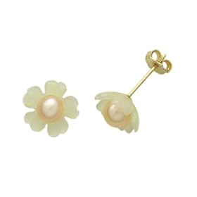 14K Gold Stud Earring Mother Of Pearl Flower With Round Pearl Yellow Gold Earring