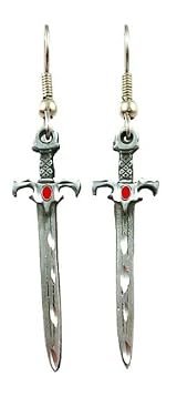 Surgical Steel Dangle Earrings Fantasy Sword Red and Silver
